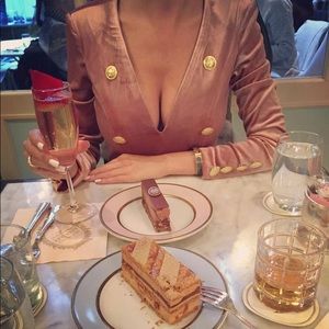 ‘Emily in Paris’ inspired pink velour long sleeve v-neck bodysuit